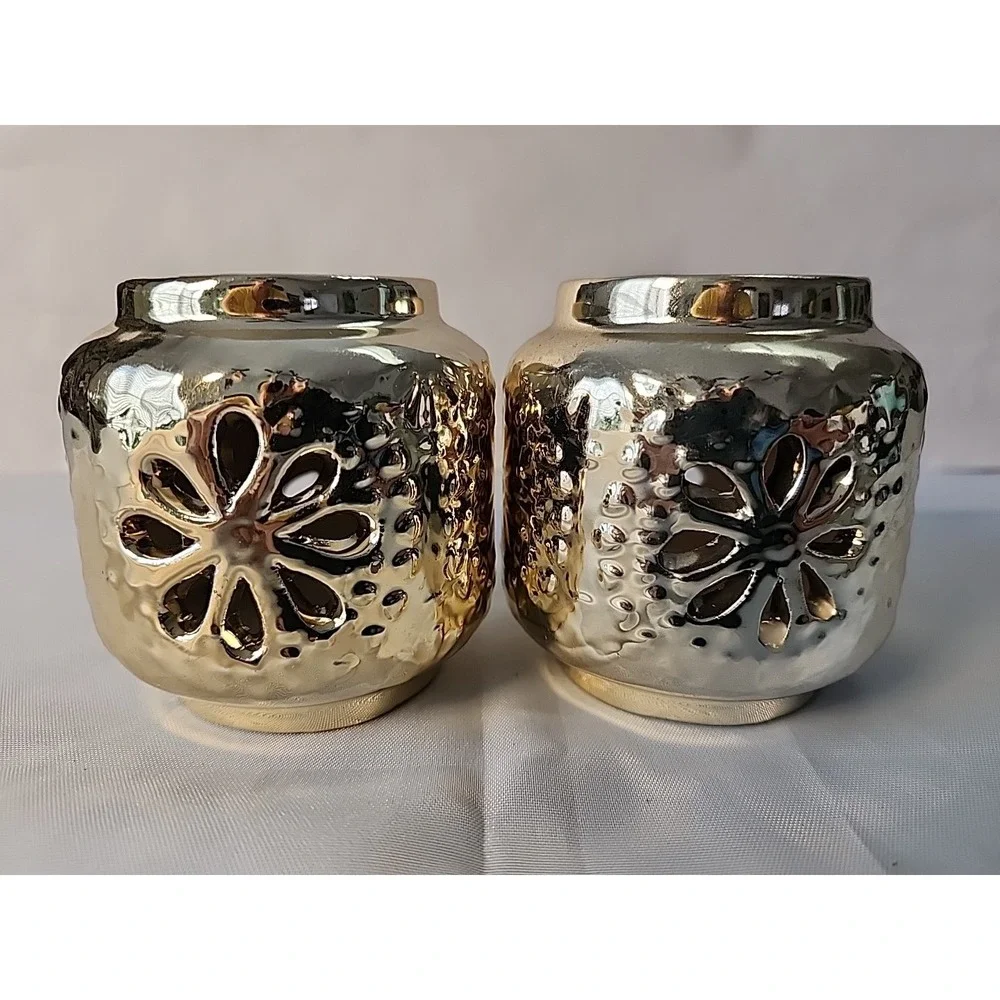 Lot 4 Votive/Tea Light Holders Hammered Gold Cut Out 2pc & Heavy Round Glass 2pc